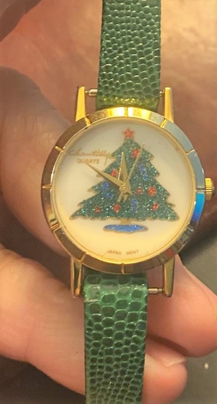 Women's Gold Tone Chantilly Watch, Sparkling Christmas Tree Face, Leather Strap